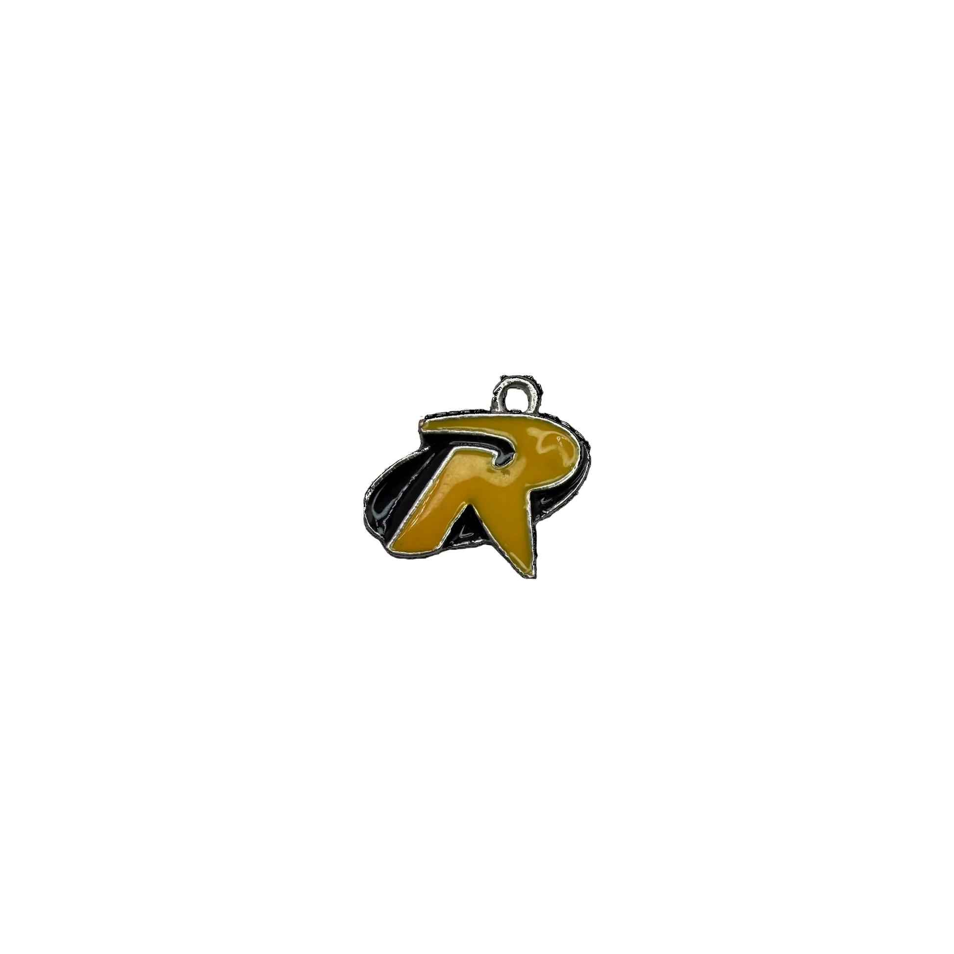 Mustard-yellow enamel letter R with black and silver outline