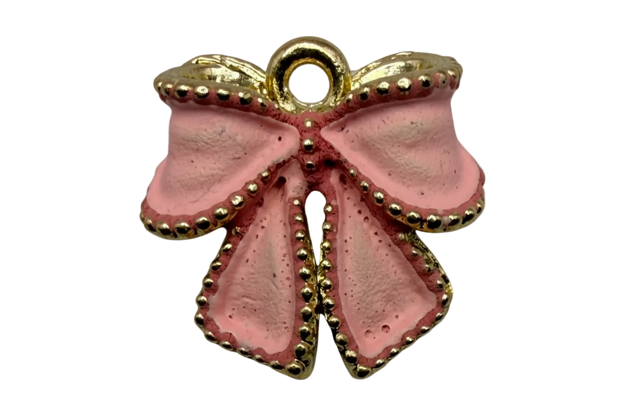 Blush pink enamel ribbon bow with beaded gold trim