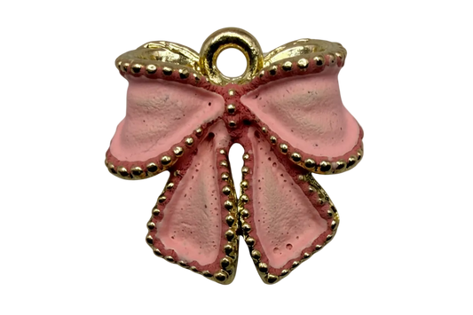 Blush pink enamel ribbon bow with beaded gold trim