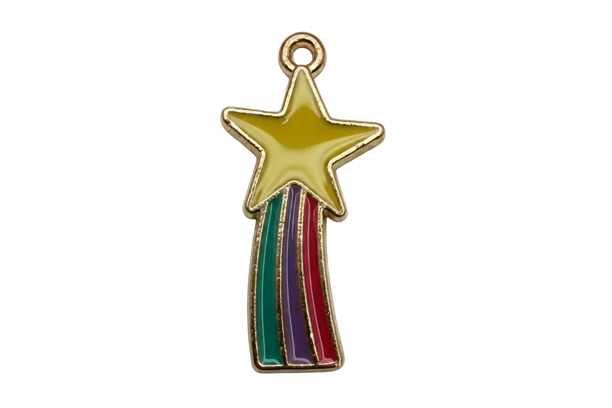 Gold shooting star charm with olive enamel star and teal, purple, and red striped trail