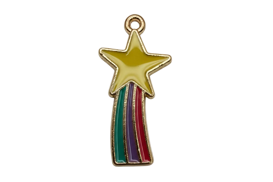 Gold shooting star charm with olive enamel star and teal, purple, and red striped trail
