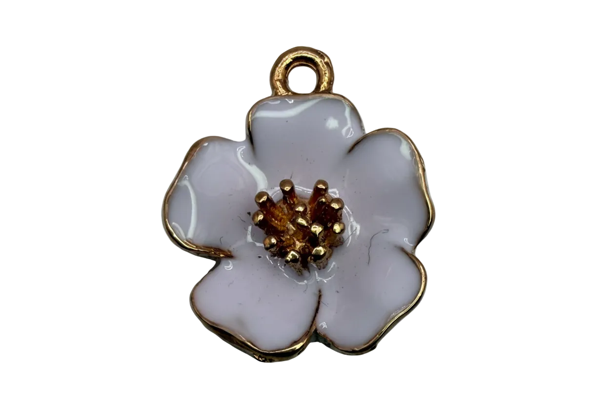 Soft lilac enamel five-petal blossom with gold outline and raised gold center