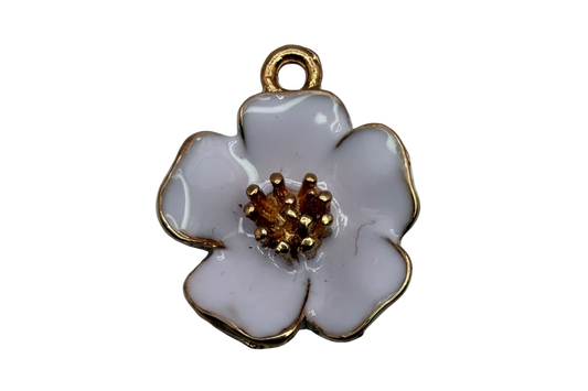 Soft lilac enamel five-petal blossom with gold outline and raised gold center