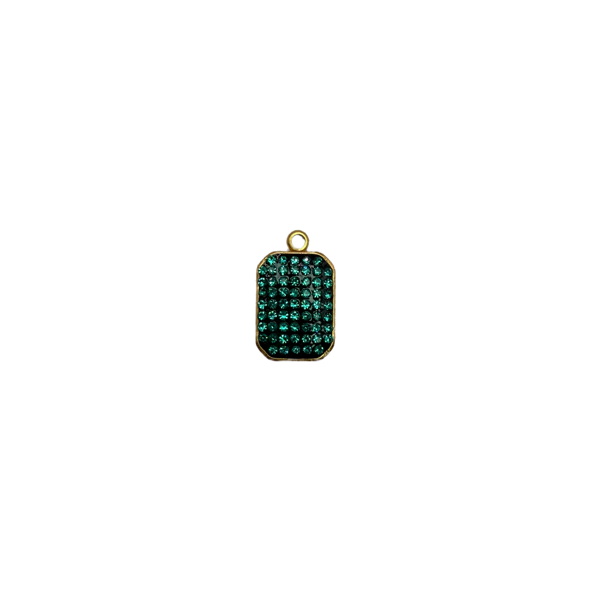 Gold-framed rectangle plate with pavé green crystals on black