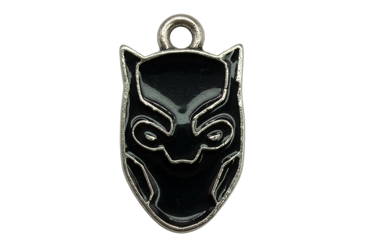 Glossy black feline mask charm with silver outline detailing