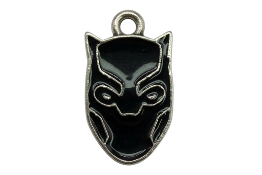 Glossy black feline mask charm with silver outline detailing