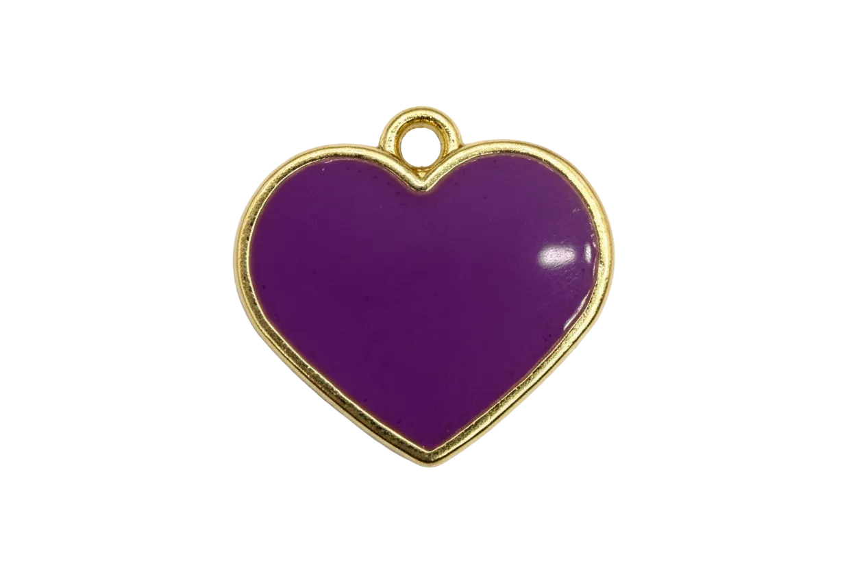 Glossy purple heart pendant with a gold frame on black background