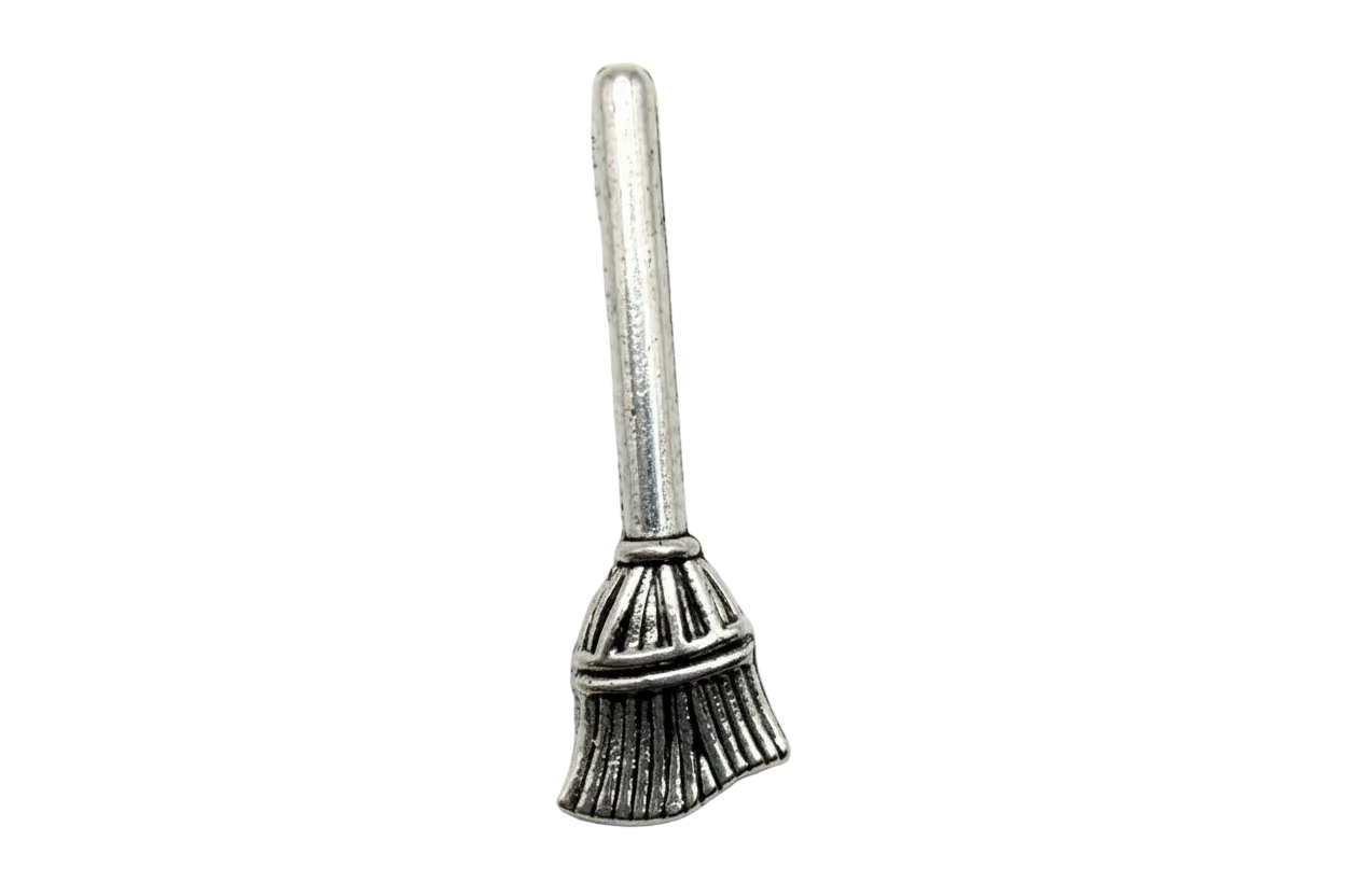 Antique-finish silver broom charm with ridged bristles and darkened patina