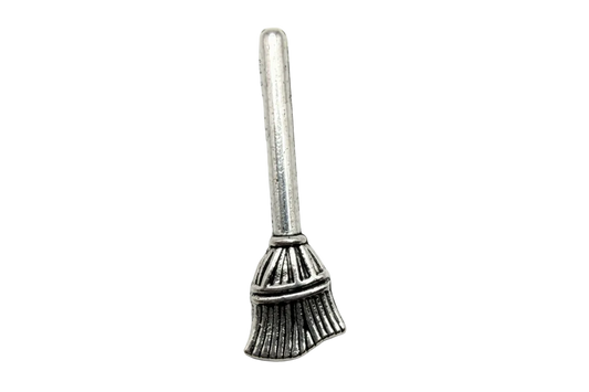 Antique-finish silver broom charm with ridged bristles and darkened patina