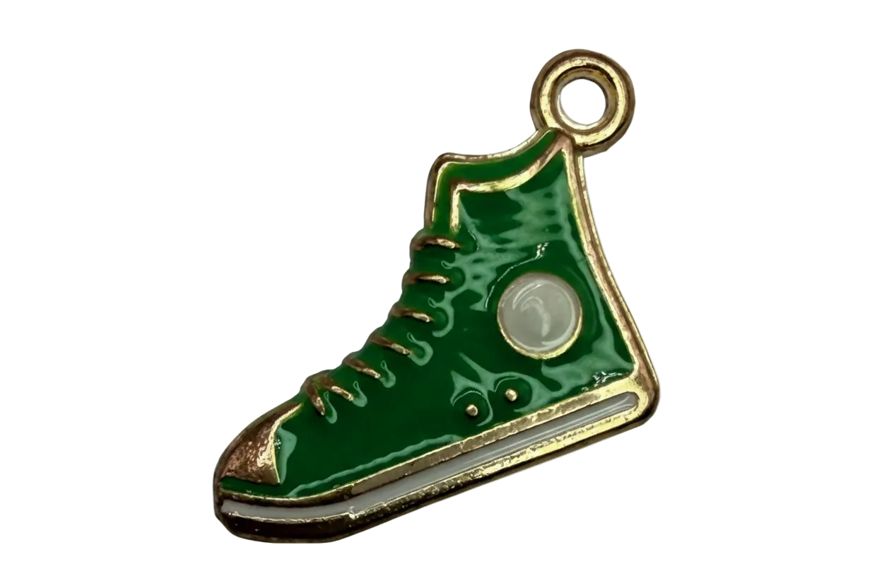 Glossy green high-top sneaker charm with gold outline and white patch