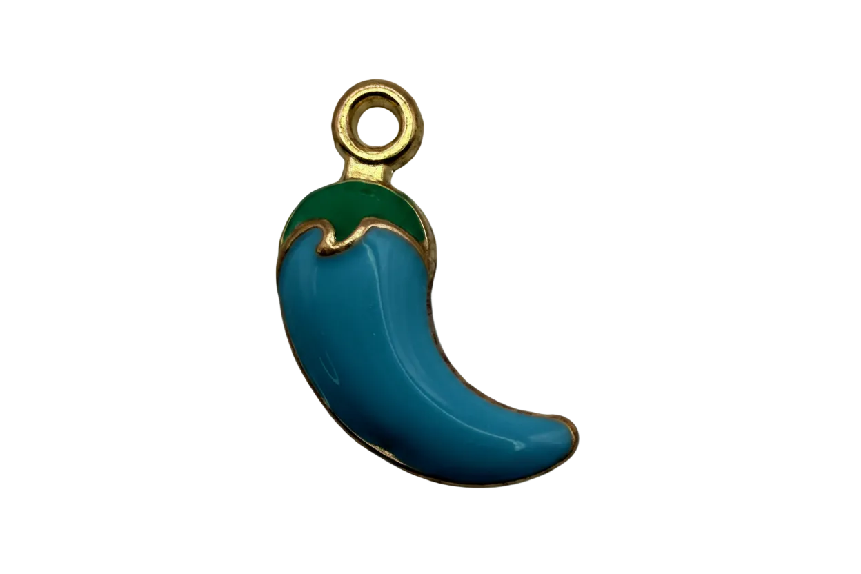 Blue enamel chili pepper with green stem and gold outline