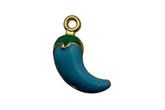 Blue enamel chili pepper with green stem and gold outline