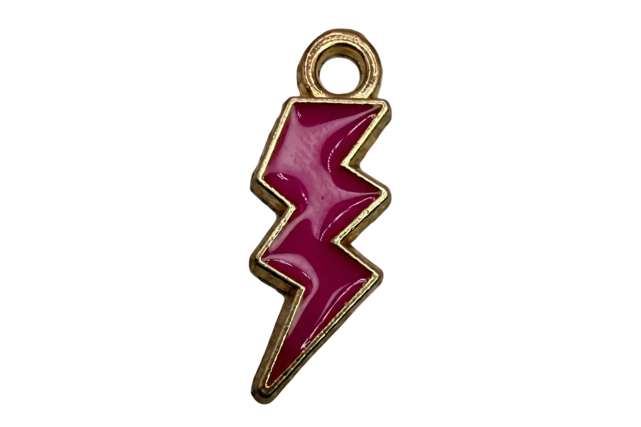 Glossy magenta enamel lightning bolt with polished gold outline
