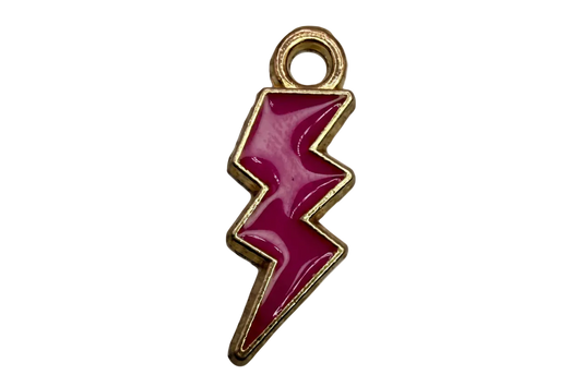 Glossy magenta enamel lightning bolt with polished gold outline