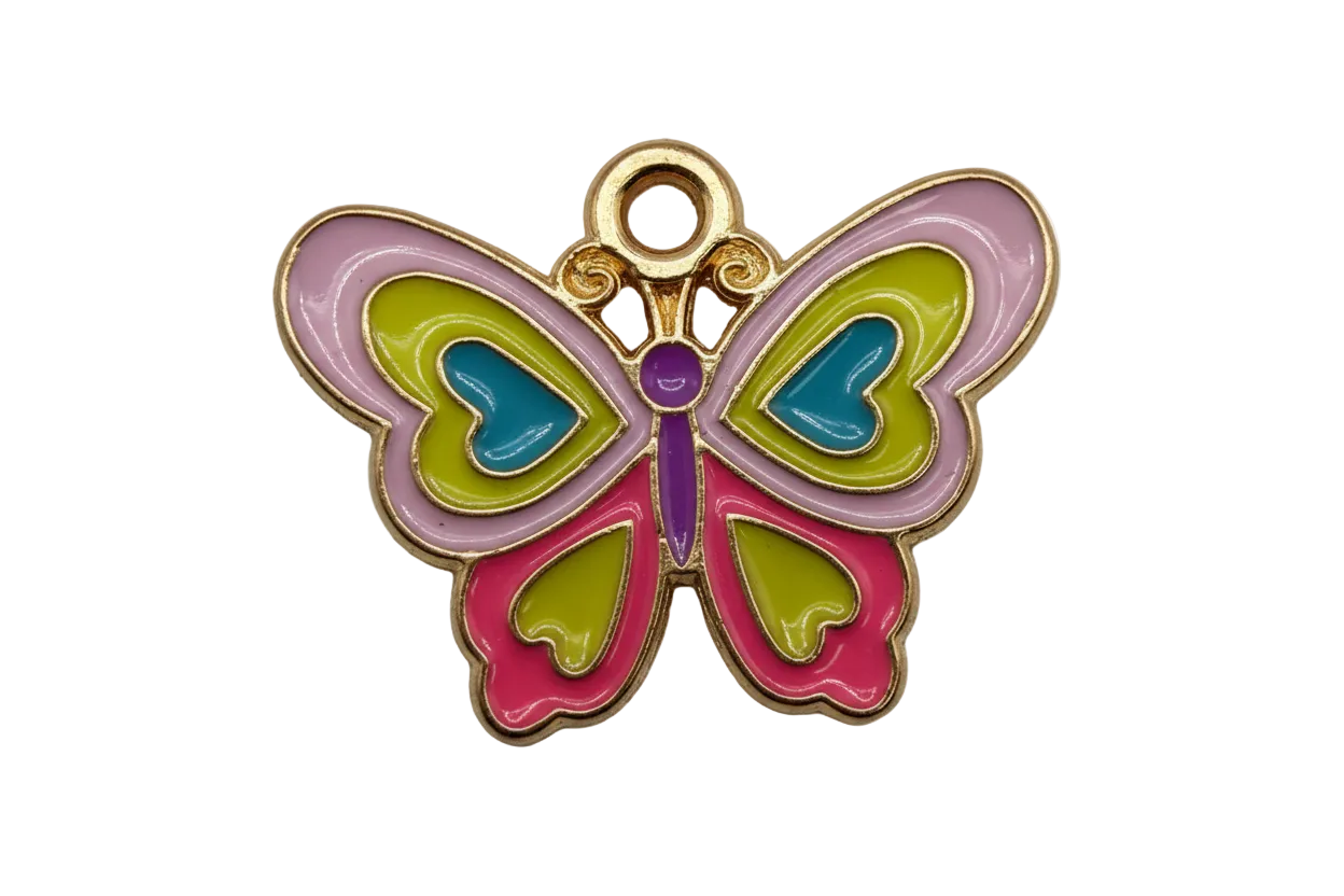 Multicolor enamel butterfly in gold with lavender, lime, teal heart details, magenta accents, and a purple body