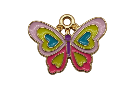 Multicolor enamel butterfly in gold with lavender, lime, teal heart details, magenta accents, and a purple body