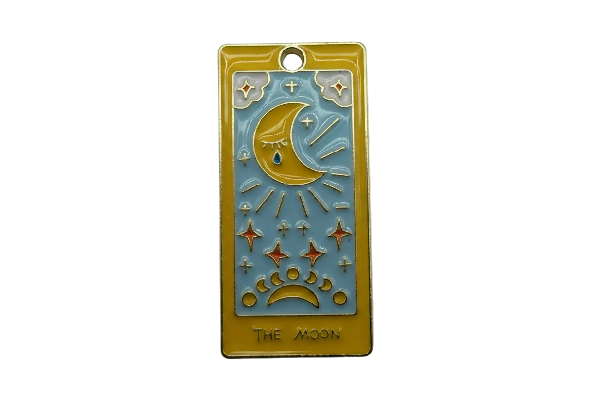 Gold rectangular tarot-style moon plaque with light blue enamel, red stars, and crescent moon detail