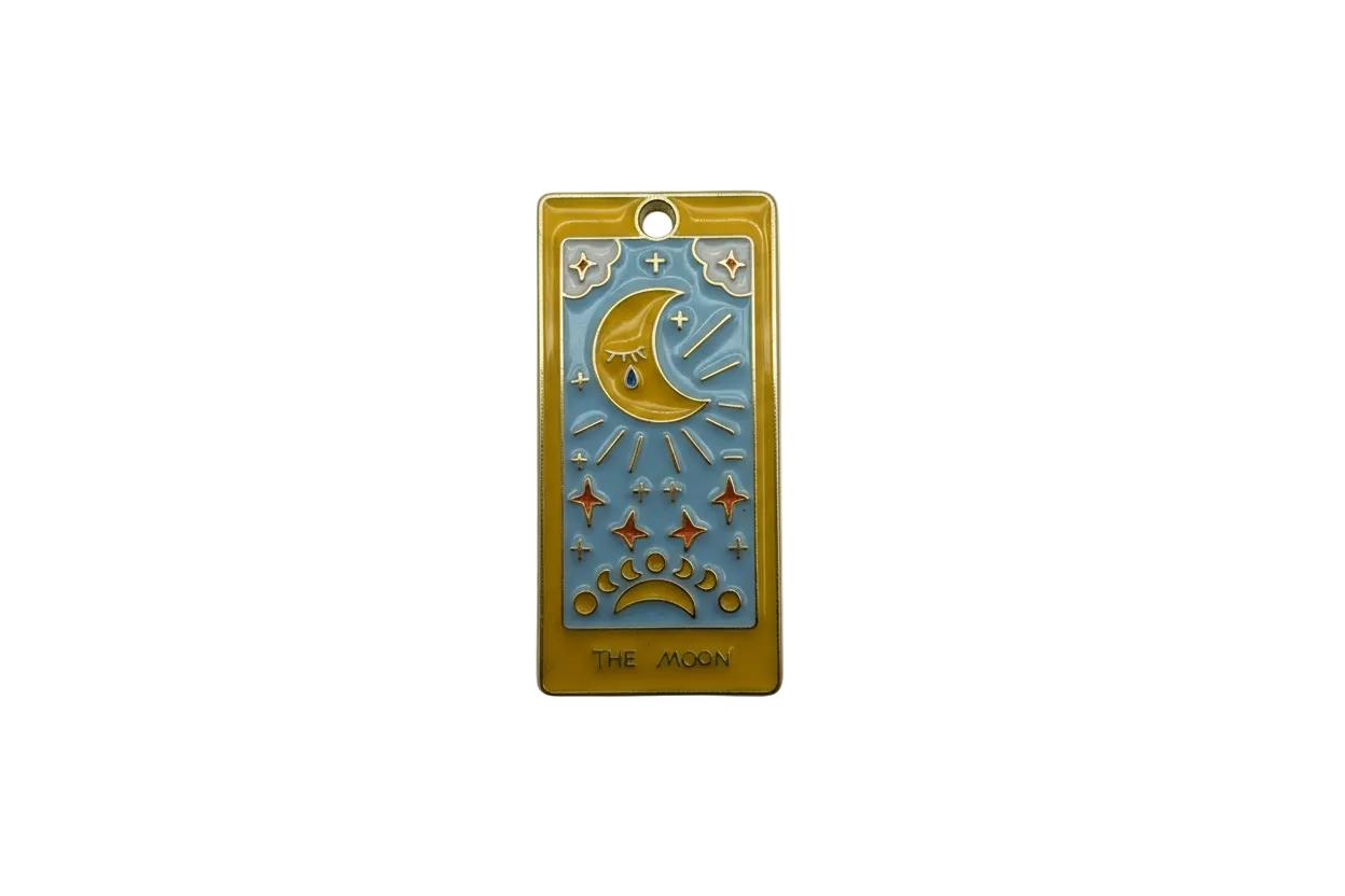 Gold tarot-style moon plaque in light blue enamel with red stars