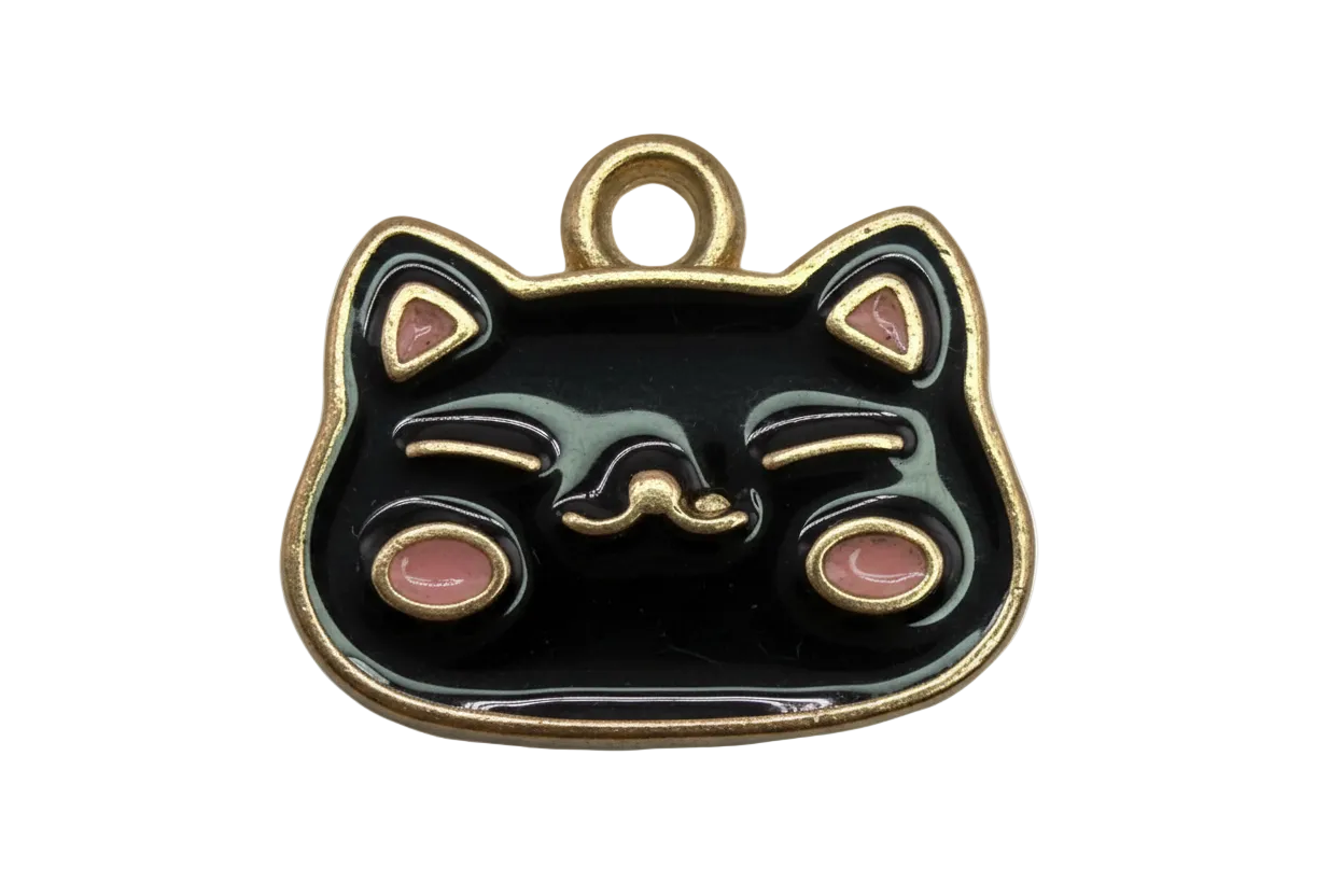 Glossy black sleepy cat face with gold outline and pink accents