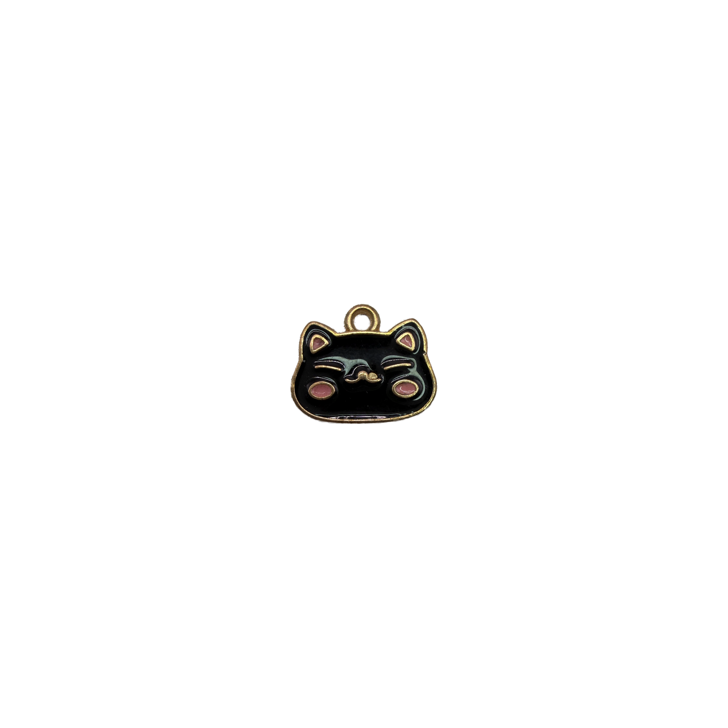 Black sleepy cat face with gold outline and pink accents