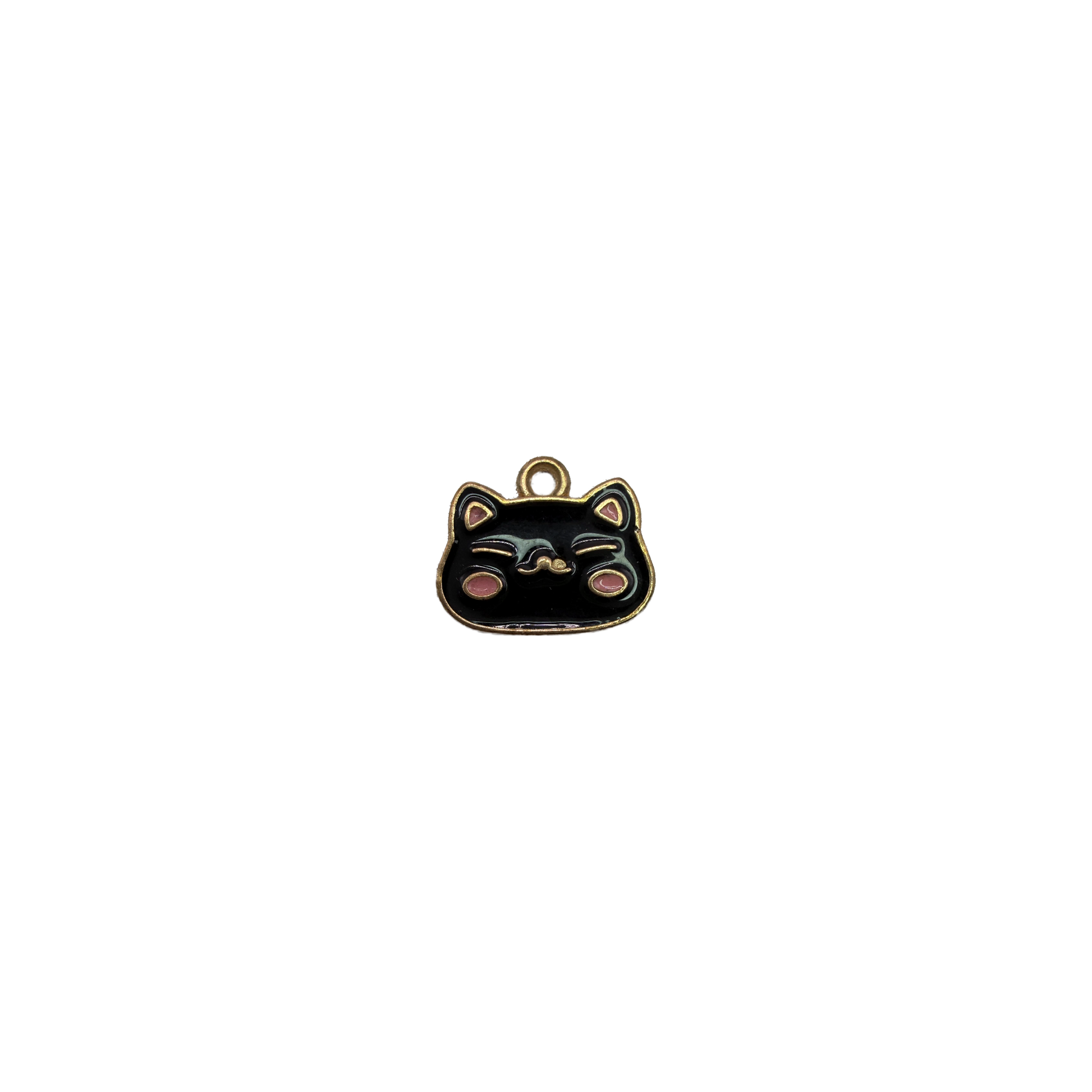 Black sleepy cat face with gold outline and pink accents