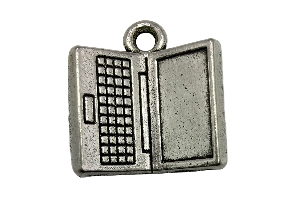 Oxidized silver retro laptop computer charm with keypad detail and blank screen panel
