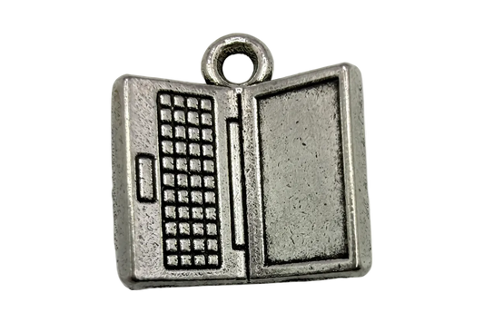 Oxidized silver retro laptop computer charm with keypad detail and blank screen panel