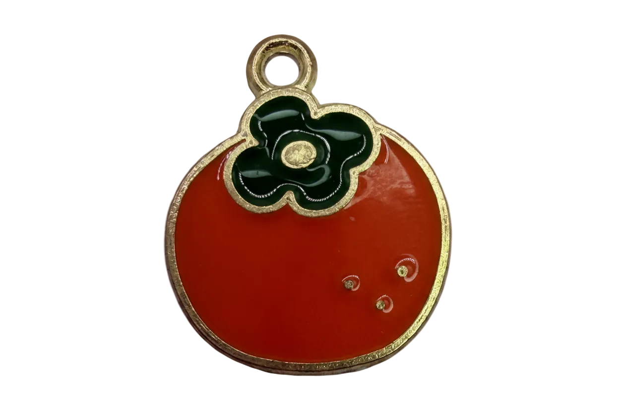 Glossy red tomato fruit charm with green top and gold outline