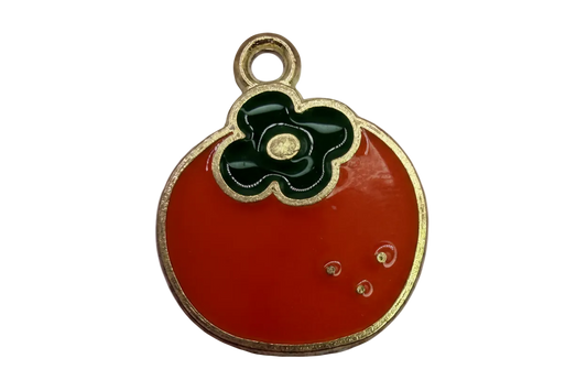 Glossy red tomato fruit charm with green top and gold outline