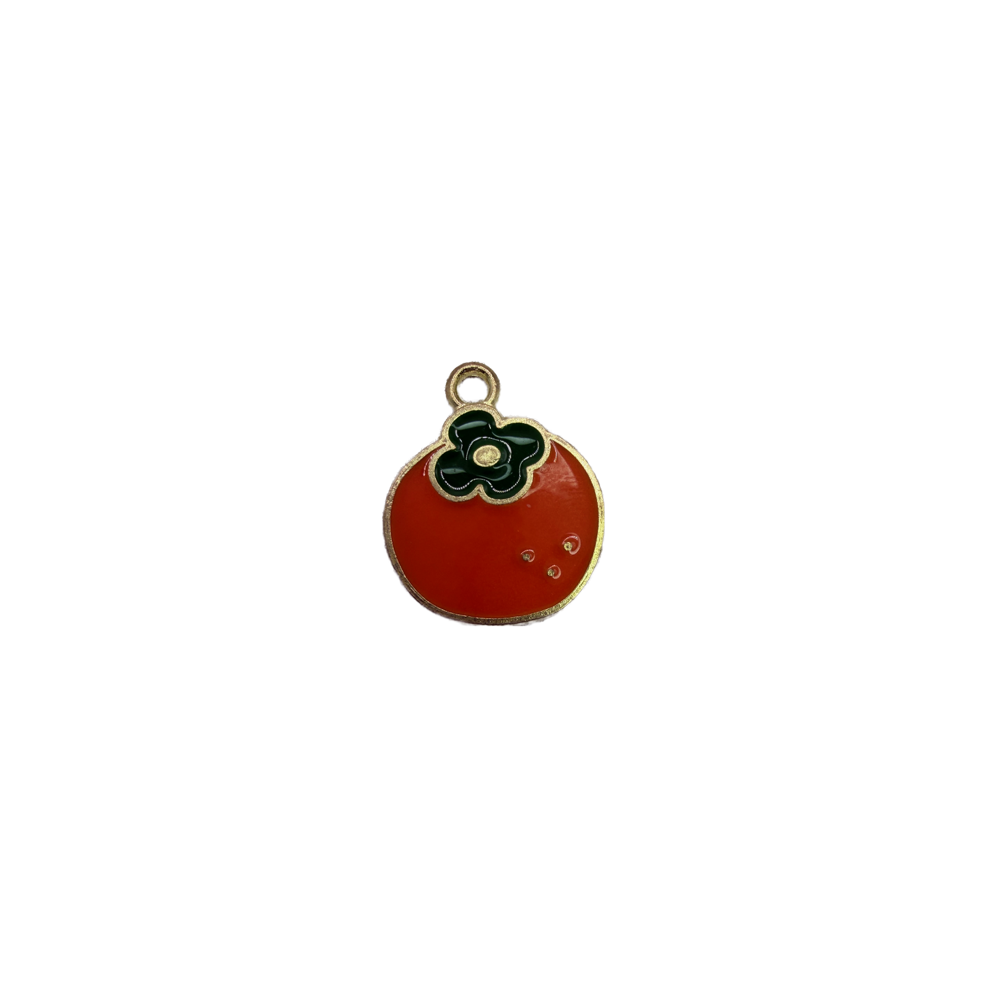Red tomato fruit with green top and gold outline