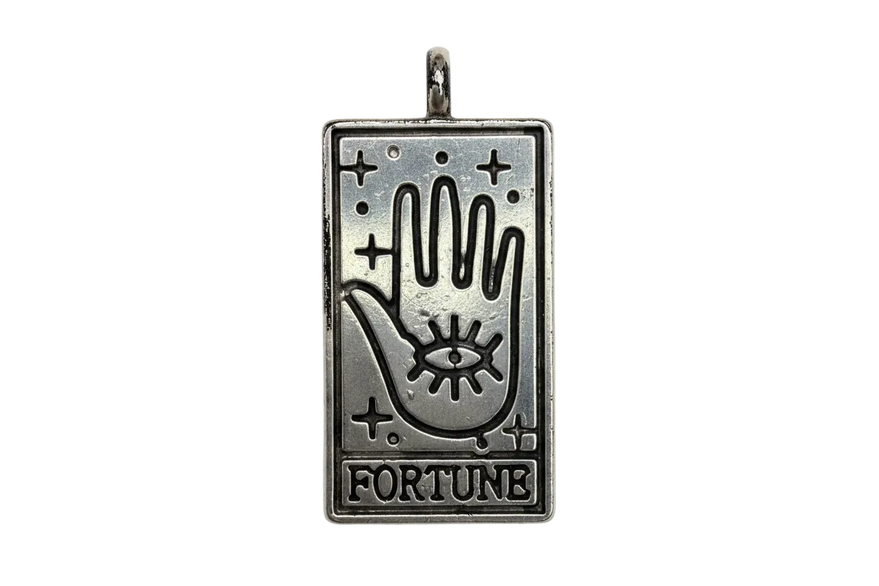 Antiqued silver rectangular fortune card with palmistry hand, eye motif, stars, and "FORTUNE" text