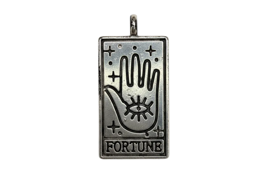 Antiqued silver rectangular fortune card with palmistry hand, eye motif, stars, and "FORTUNE" text