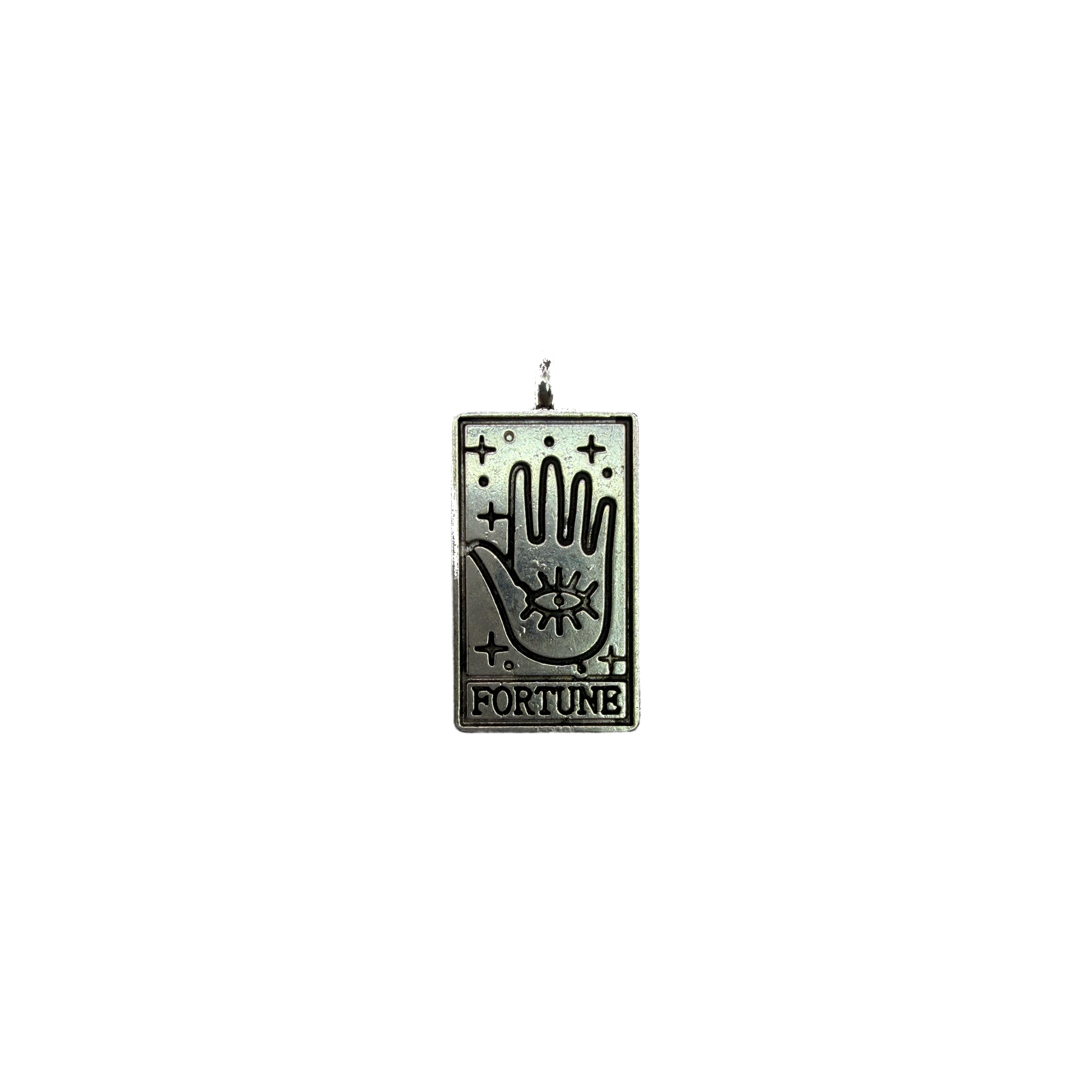 Silver fortune card with palmistry hand, eye, stars, and "FORTUNE"
