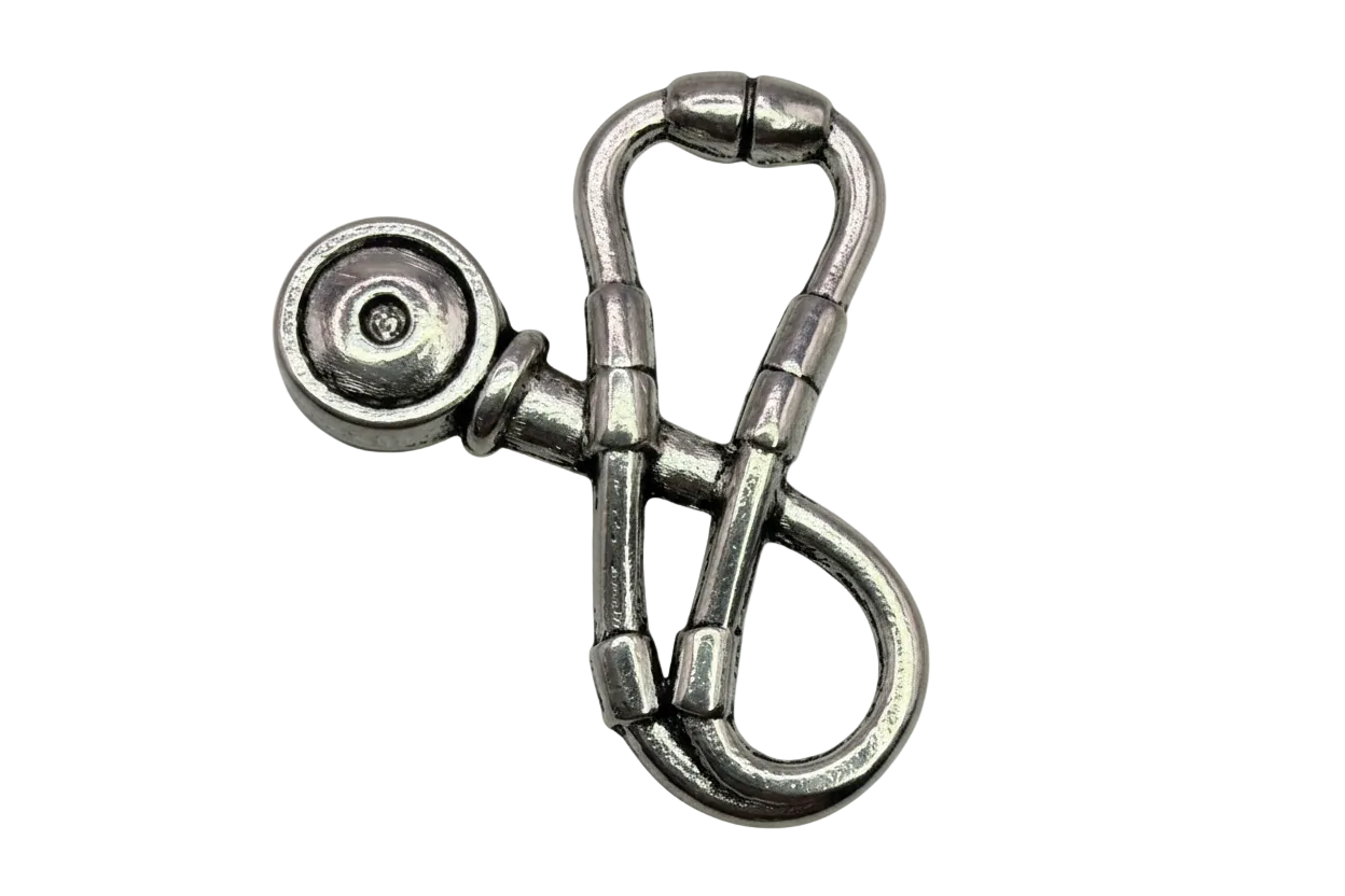 Silver-tone industrial carabiner clip charm with ridged detailing and round disc accent