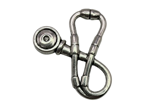 Silver-tone industrial carabiner clip charm with ridged detailing and round disc accent