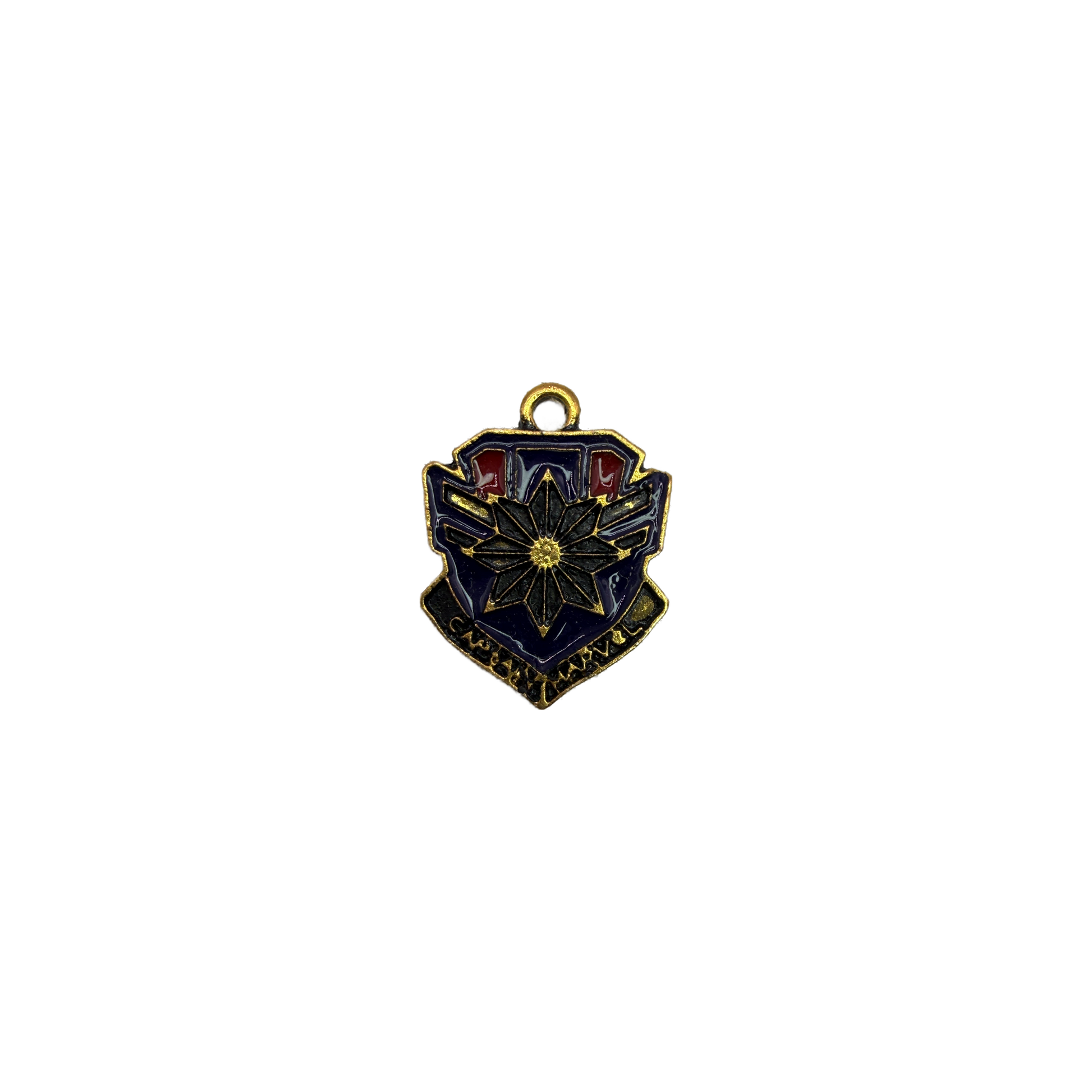 Navy enamel shield emblem with black starburst and gold details