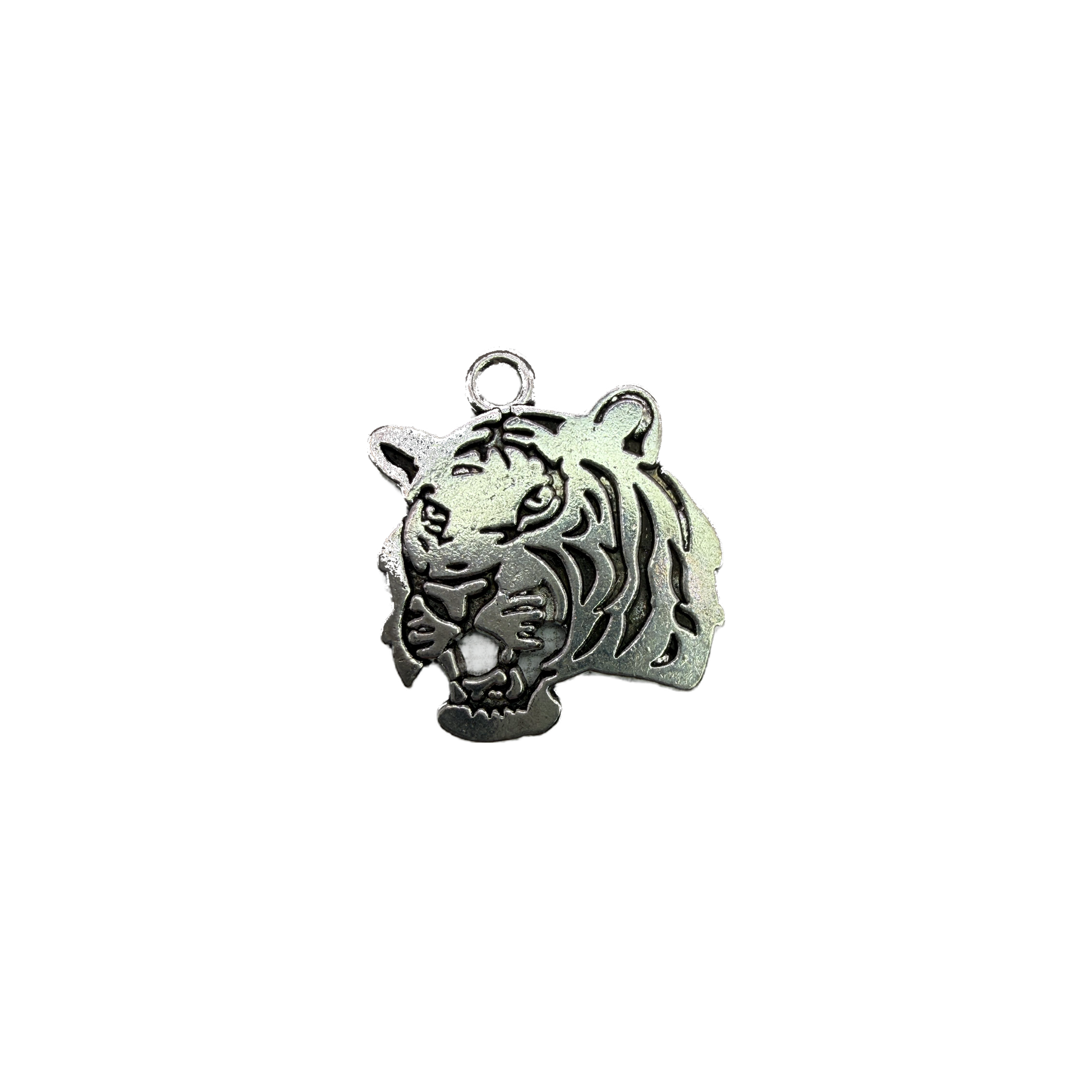 Antique silver tiger head with a small clear gem accent