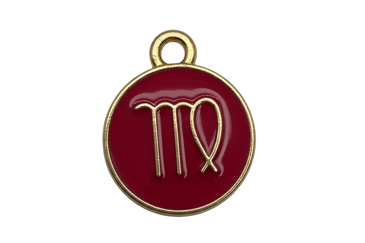 Crimson round medallion with gold Virgo zodiac symbol and gold rim
