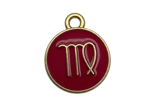 Crimson round medallion with gold Virgo zodiac symbol and gold rim