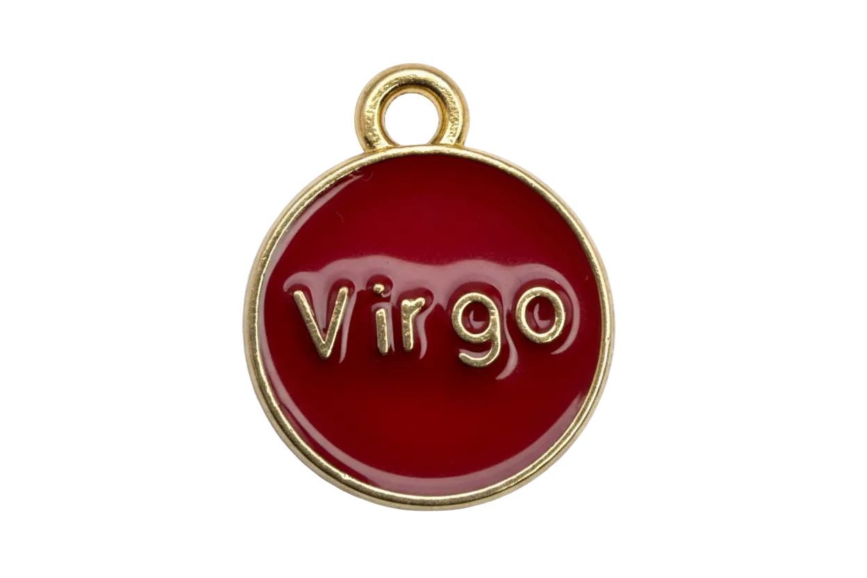 Round red enamel Virgo zodiac disc with gold rim and raised gold lettering