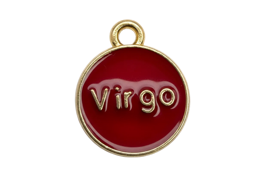 Round red enamel Virgo zodiac disc with gold rim and raised gold lettering