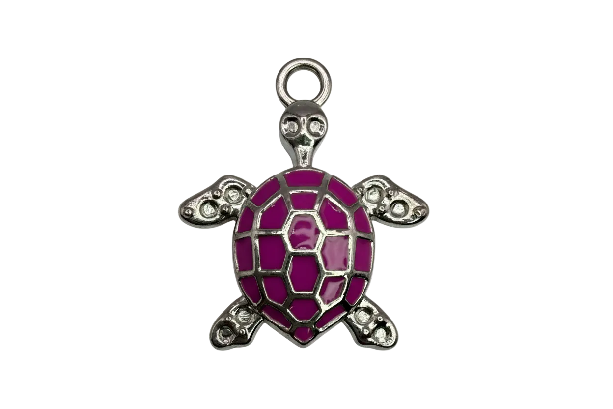 Purple enamel sea turtle with silver-tone outline and textured flippers