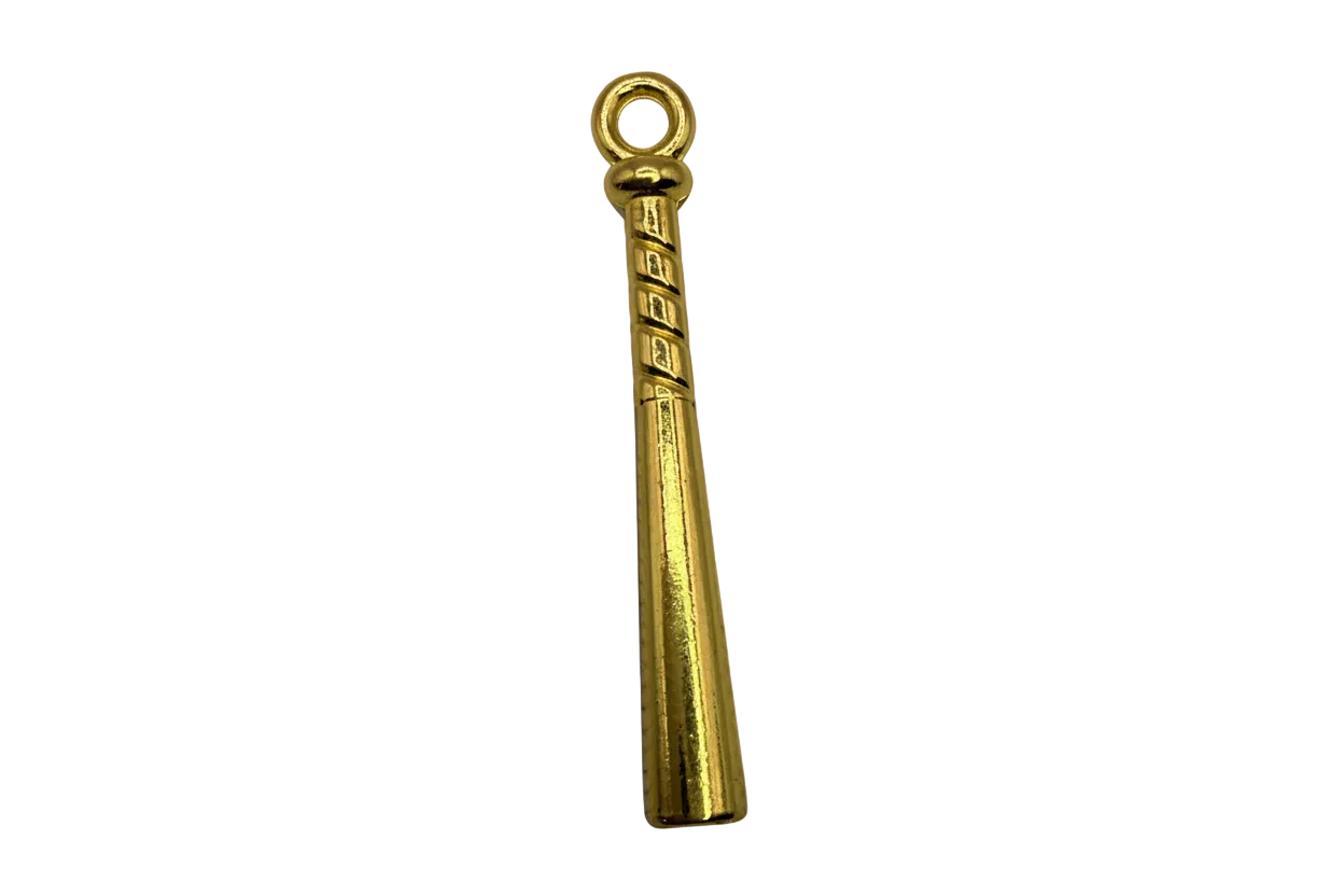 Polished gold mini baseball bat charm with textured grip detail