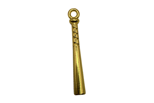 Polished gold mini baseball bat charm with textured grip detail