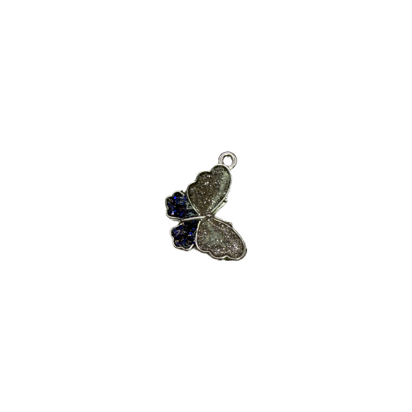 Silver glitter butterfly pendant with navy accent wing
