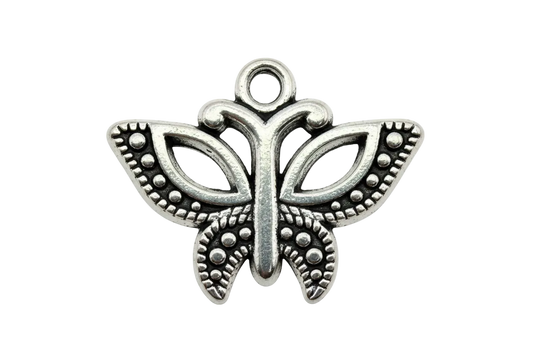 Antiqued silver ornate butterfly with openwork wings and beaded detailing