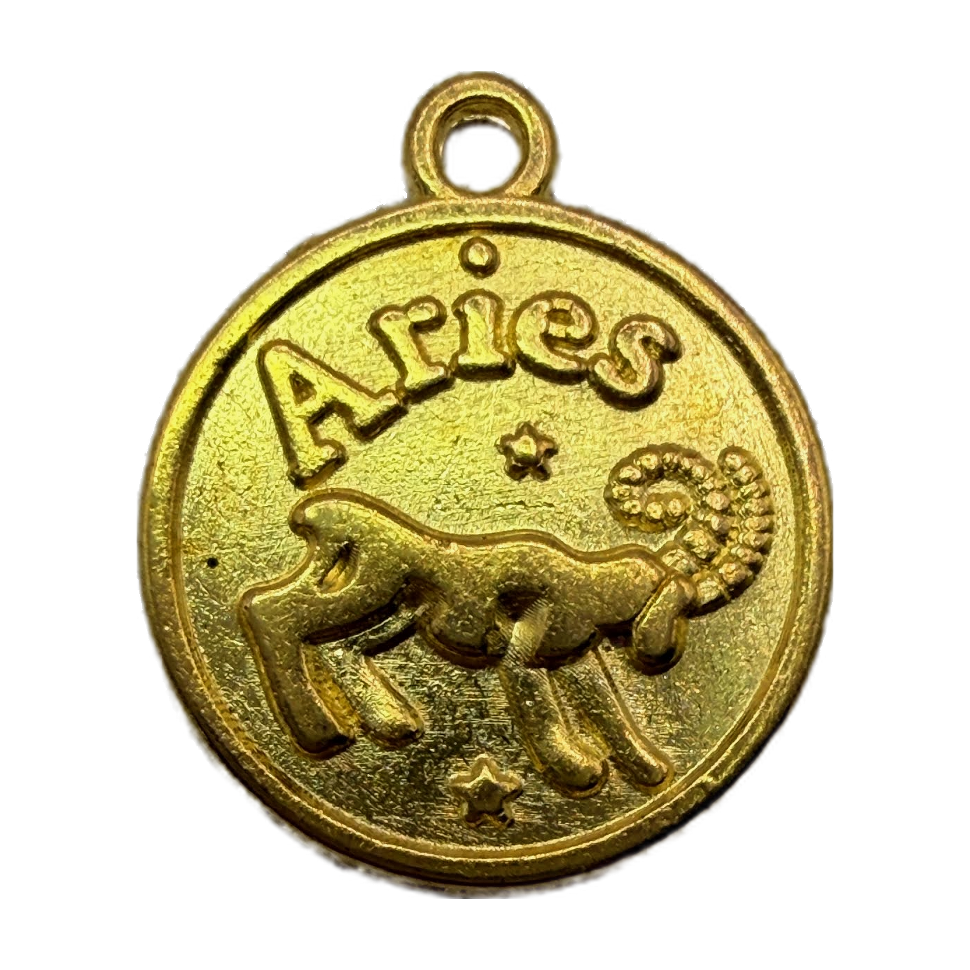 Gold round Aries zodiac coin medallion with raised ram and stars
