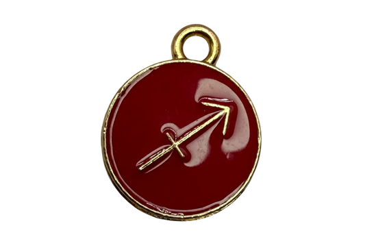 Round deep-red enamel medallion with gold Sagittarius arrow symbol