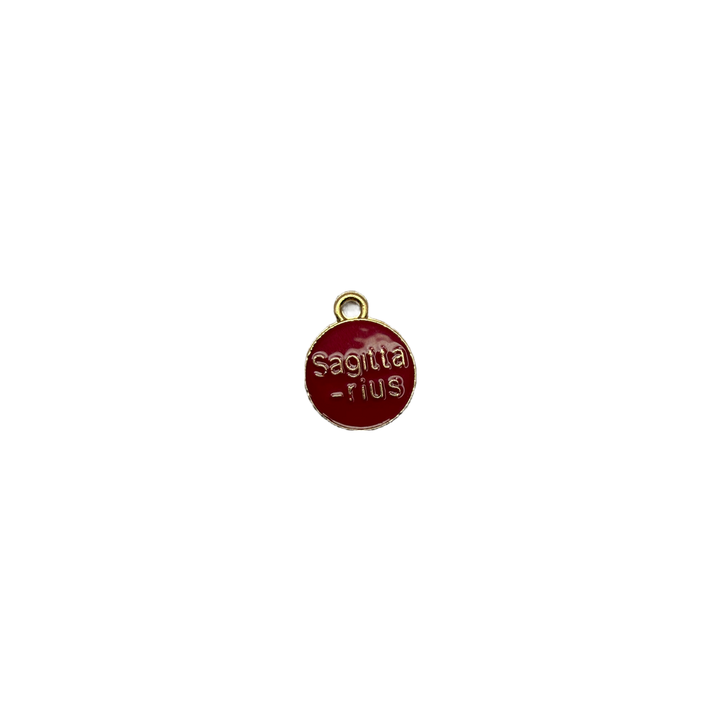 Red enamel Sagittarius zodiac disc with raised gold lettering