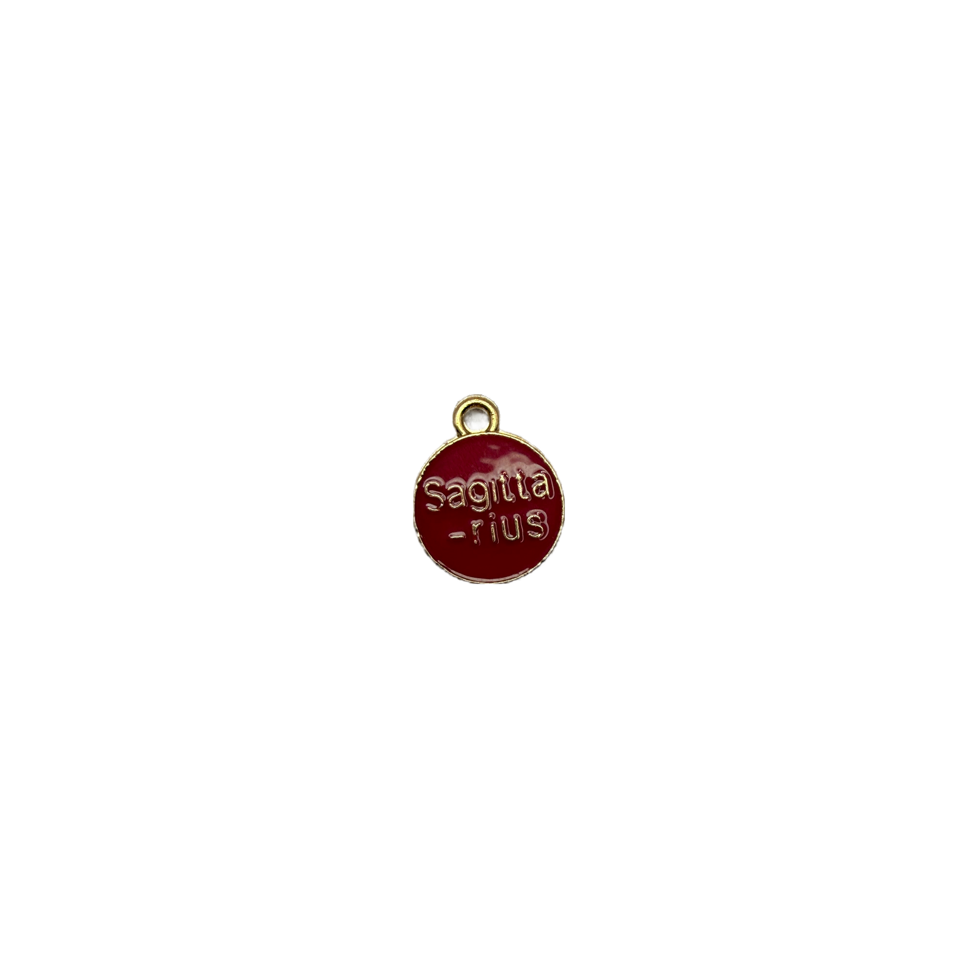 Red enamel Sagittarius zodiac disc with raised gold lettering